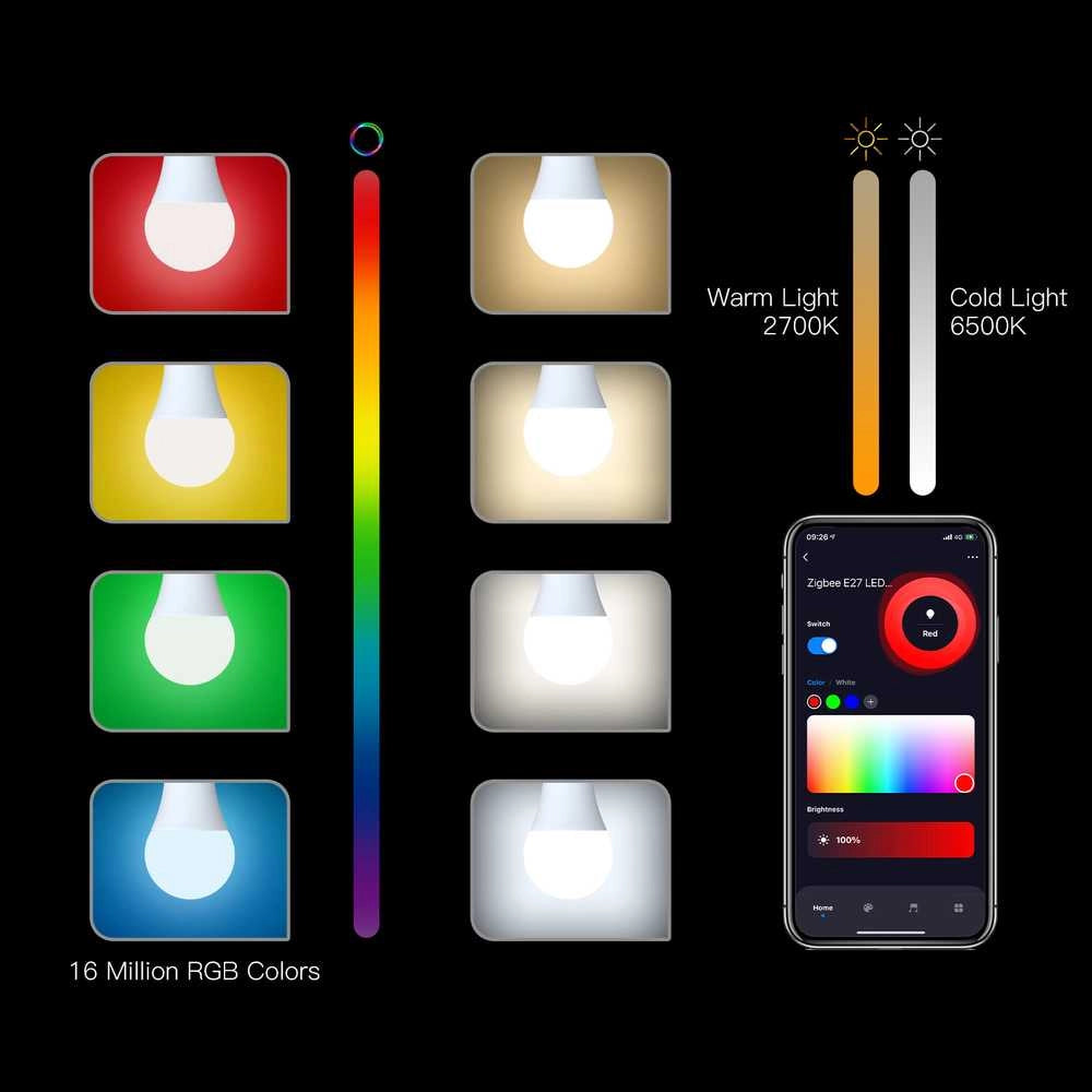 Lampada Led E27, ZigBee 3.0, RGB+CW, TUYA, Smart Life, AC 90-250V, 50/60HZ, 9W, 60X117mm, IP20, SHZ62709