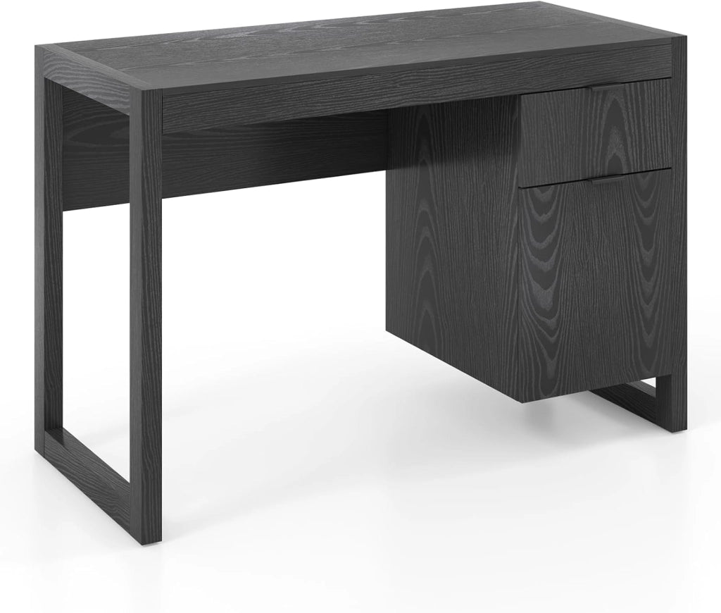 Scrivania per Computer, Scrittoio per Studio Moderno con Cassetto e Armadietto Spazioso in Legno Solido, per Ufficio/Casa, Portata di 70kg, 112,5x 50x75cm, Bianco (Nero)