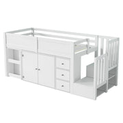Letto a Soppalco 90x200 cm; Letto Singolo - Scrivania Estraibile; Armadio; Cassetti - MDF - Bianco