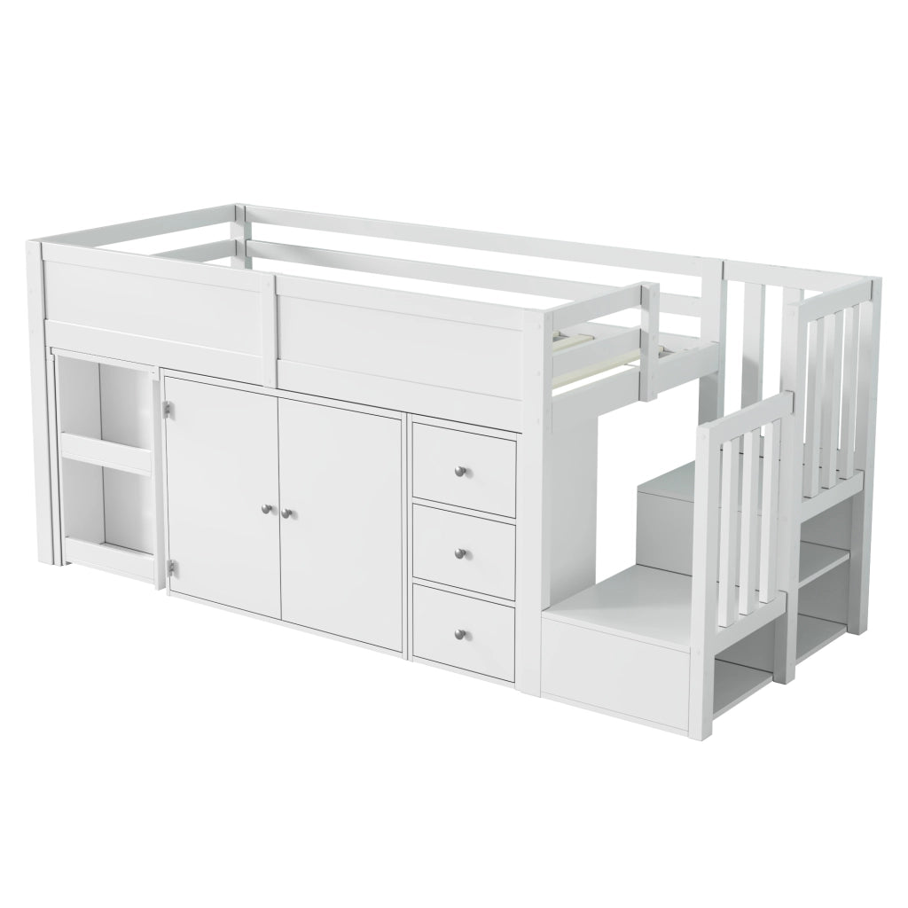 Letto a Soppalco 90x200 cm; Letto Singolo - Scrivania Estraibile; Armadio; Cassetti - MDF - Bianco