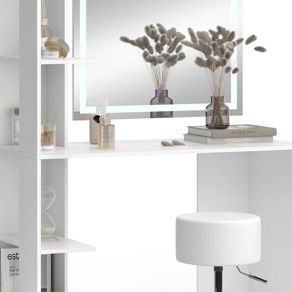 Vicco Tavolo da toilette Tower, Bianco, 122.2 cm con illuminazione e sgabello, Superfici decorative per profumi e oggetti preferiti