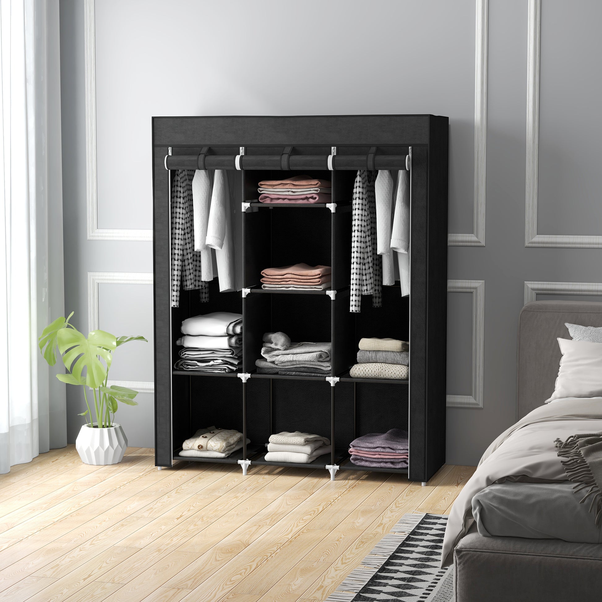 Armadio Guardaroba Salvaspazio 8 Ripiani 125x43x162,5 cm in Tessuto Nero