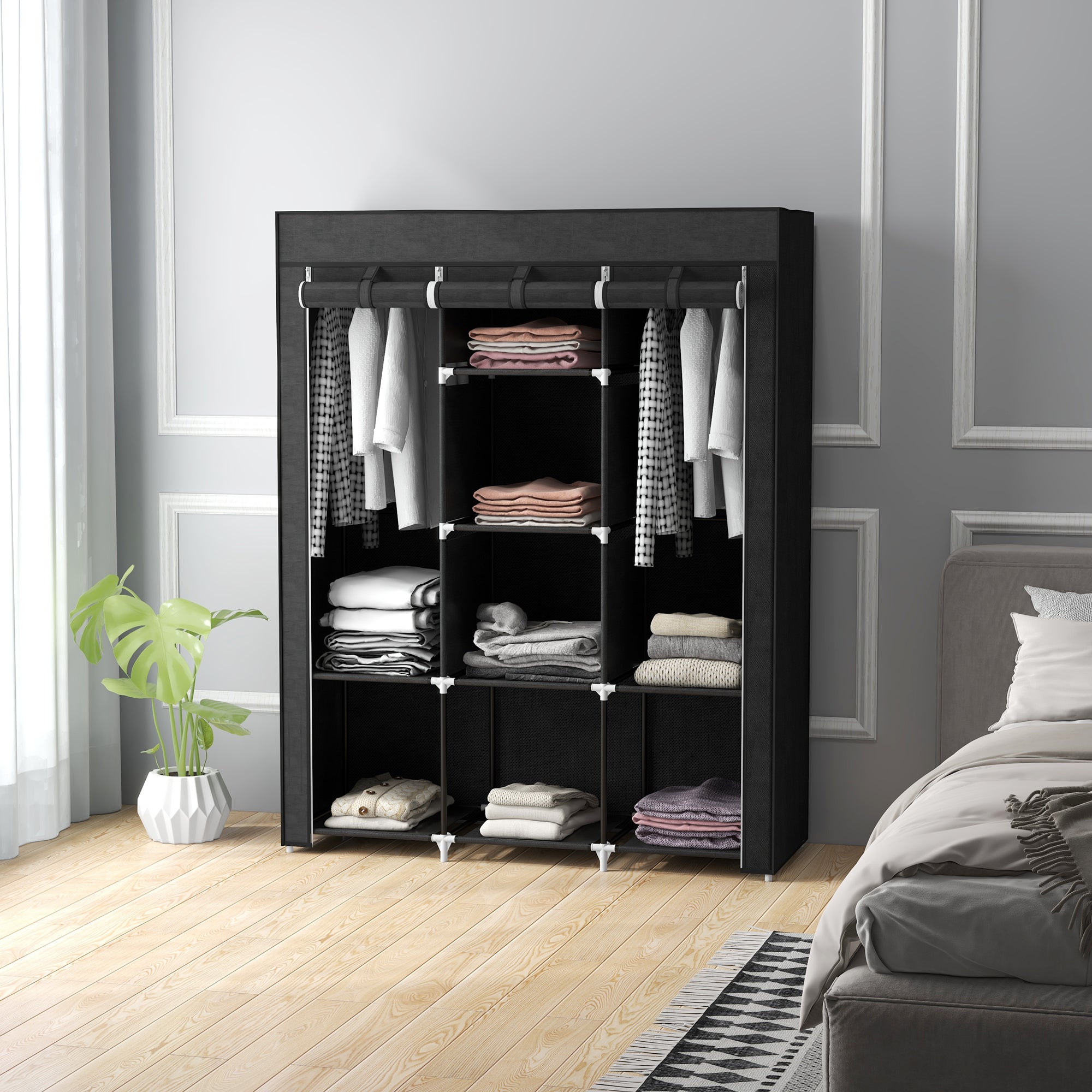 Armadio Guardaroba Salvaspazio 8 Ripiani 125x43x162,5 cm in Tessuto Nero