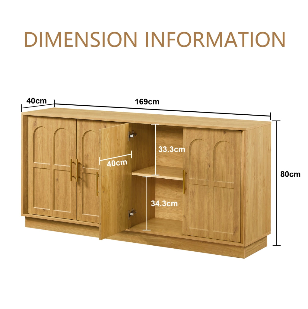 Credenza moderna 169 cm in MDF effetto legno naturale; con ante curve e ripiani regolabili