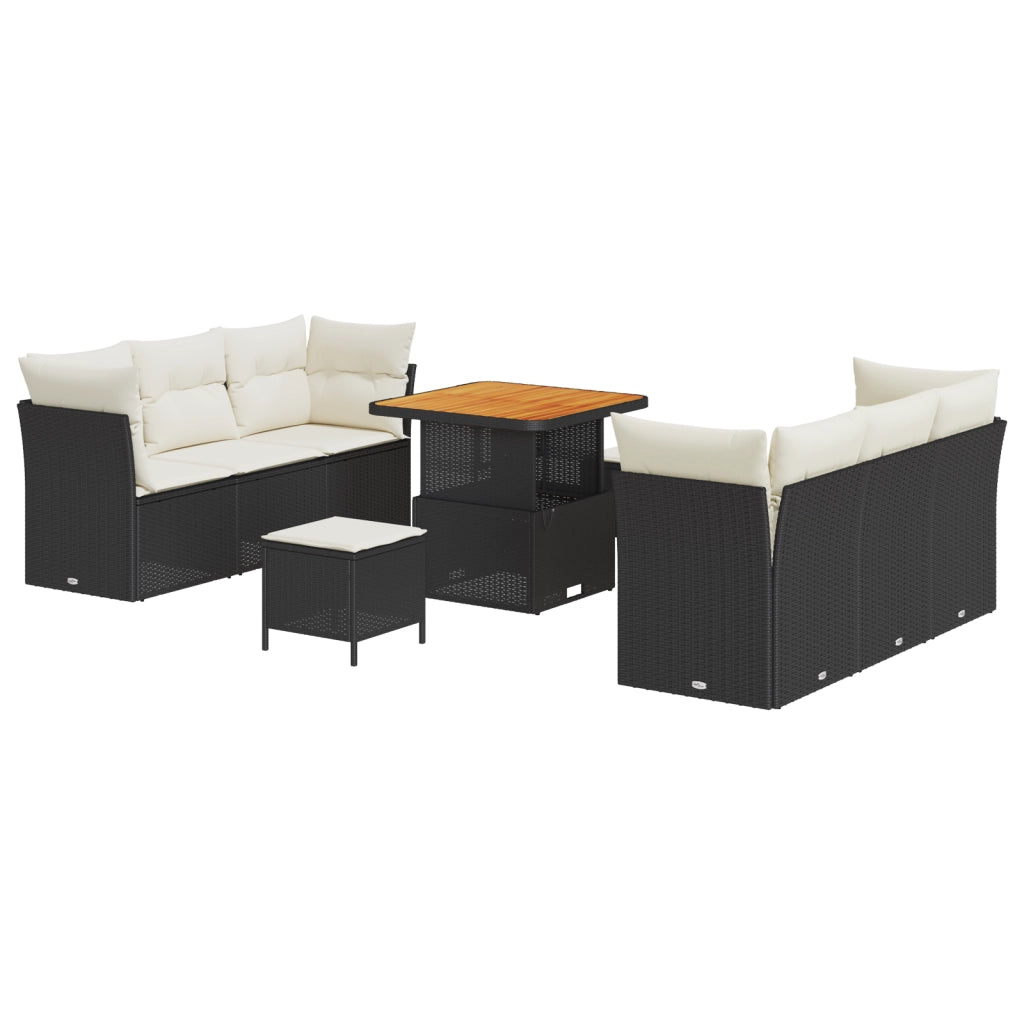 Set da Giardino  9 Pezzi con Cuscini Nero Polyrattan Acacia