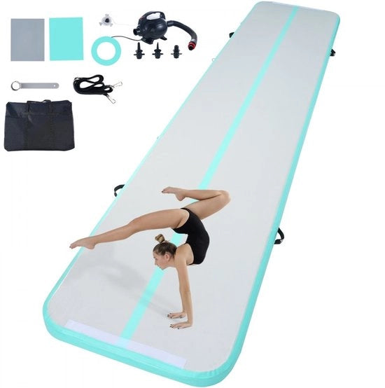 Matto di Ginnastica Trampolino - Trampolino Inflabili per Tumbling - Dimensioni 498 x 101 x 10 cm - Compreso Pompatore Elettrico - Per Casa, Palestra, Yoga & Cheerleading - Verde