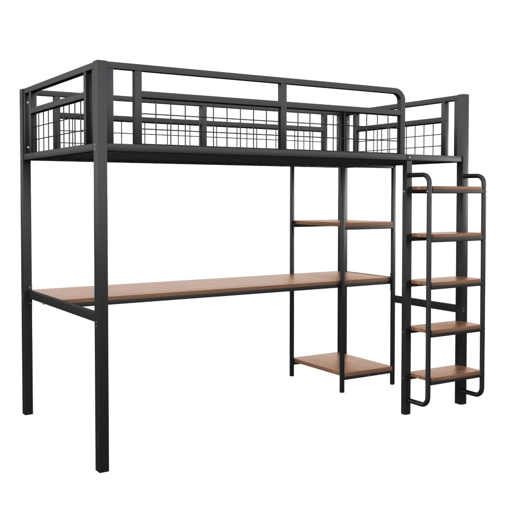 Letto a castello in metallo - Zephmum - 90x200 cm - Nero - Scala di sicurezza con ripiani, scrivania e scaffali