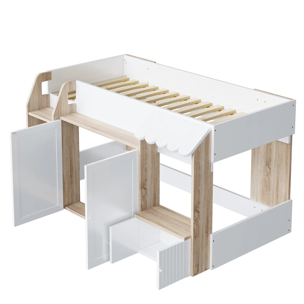 LETTO A CASTELLO 90x200 cm Casa Bianco+Legno con scala e vano inferiore
