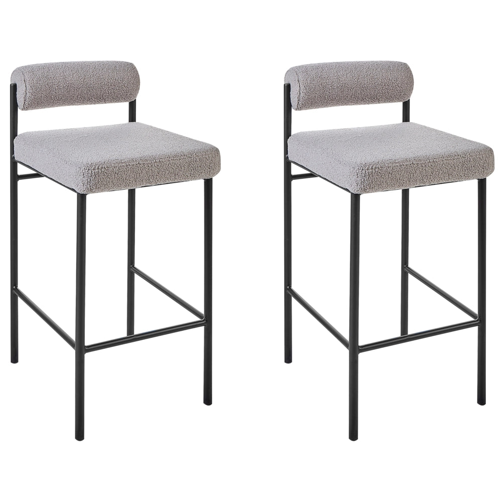 Set di 2 sedie da bar Rivestimento in poliestere grigio Boucle Gambe in metallo nero Sgabelli senza braccioli Schienale arrotolabile Sala da pranzo moderna Cucina