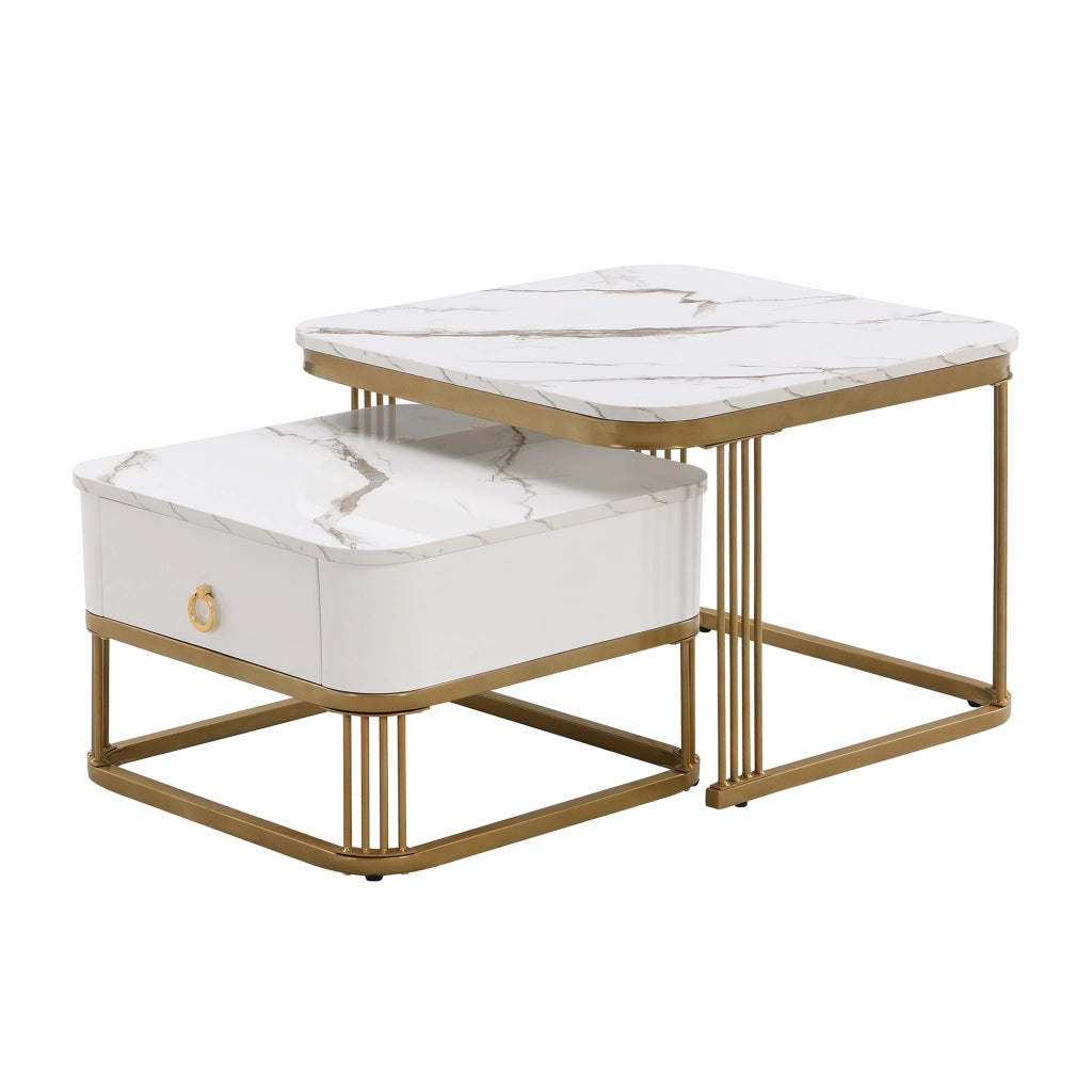 Tavolini da Caffè Nidificabili con 1 Cassetto; Effetto Marmo Lucido; Struttura in Metallo Dorato; Stile Moderno; in MDF; Bianco; 60×60×45+50×50×34 cm