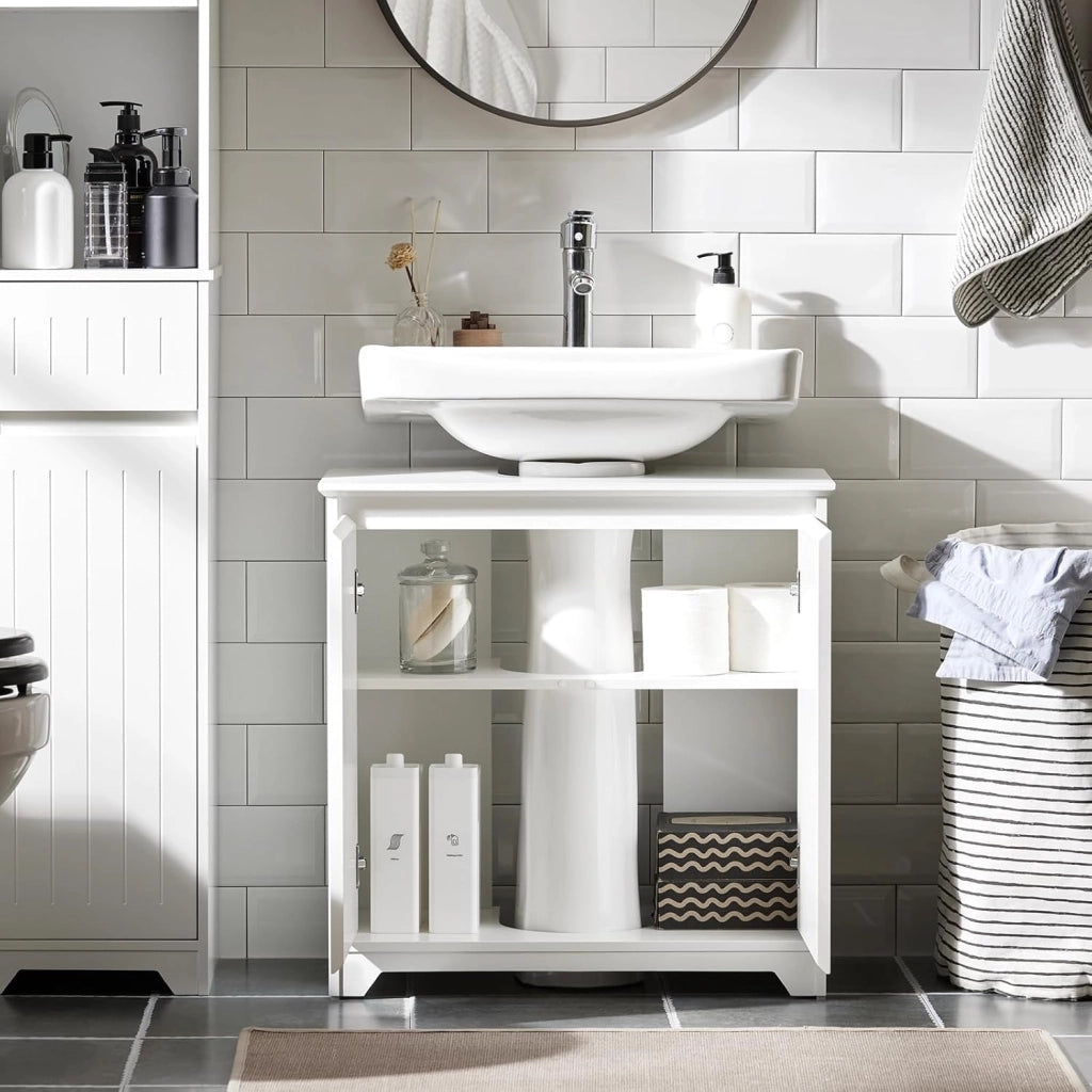 Mobile Sottolavabo Bagno Mobile Base per Lavabo a Terra con 2 Ante Bianco 60x30x60cm BZR108-II-W