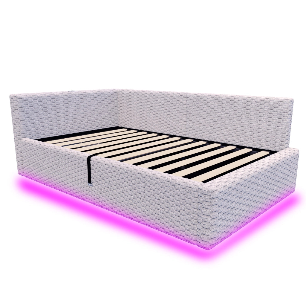 Letto imbottito singolo 90×200 cm con contenitore; LED; USB e Type-C; senza materasso; velluto grigio