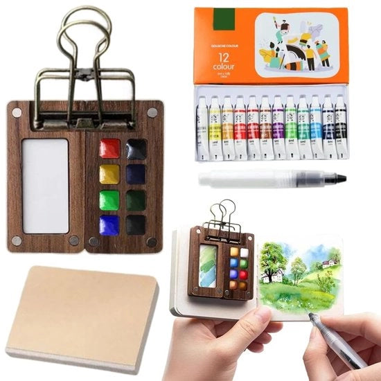 Set di viaggio mini aquarello con quaderno di schizzi e paletta