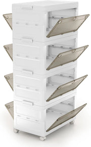 Comodino in Plastica Multipiano con Coperchio 168 L, Scatole Impilabili con 4 Ruote e Freni, Contenitori di Stoccaggio Pieghevole, per Soggiorno, Camera da Letto e Bagno, Bianco (4 Ripiani)