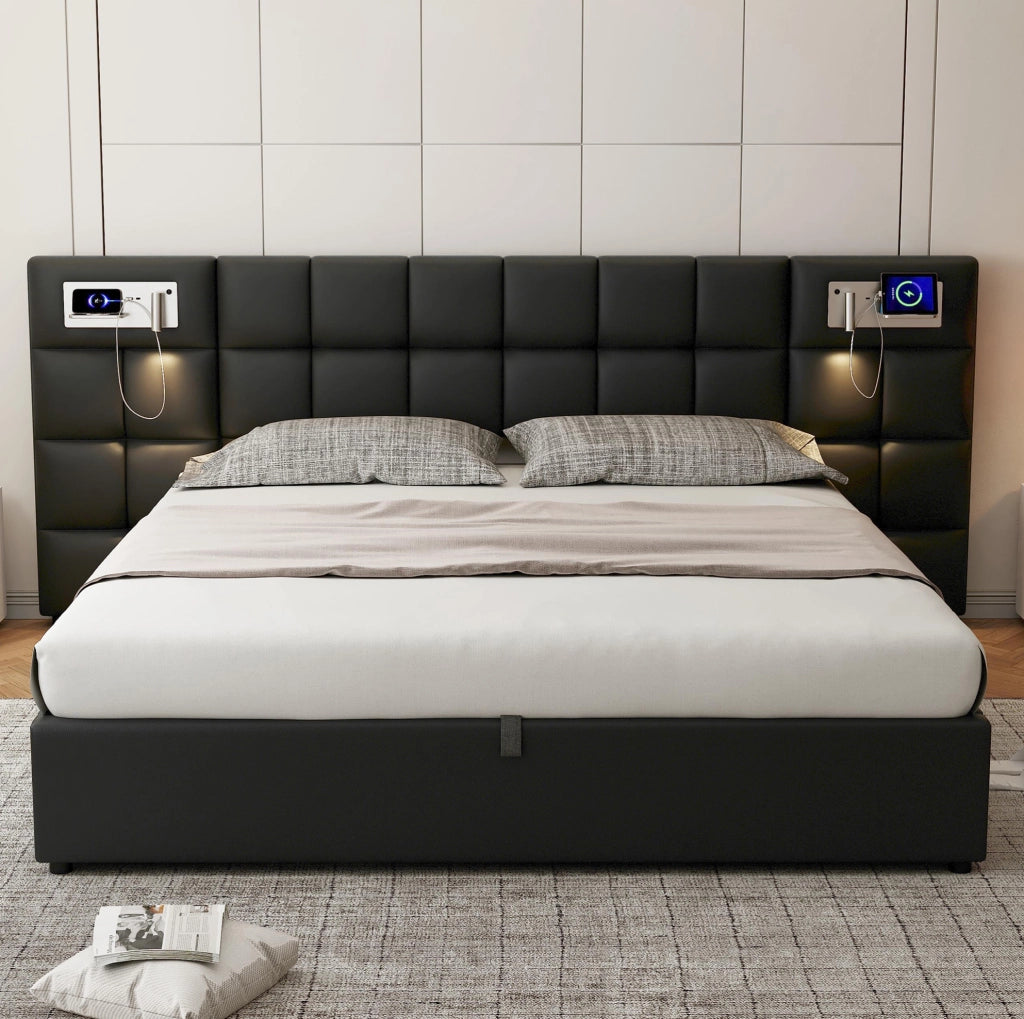 Letto imbottito nero con contenitore, USB e ricarica wireless 180 x 200 cm