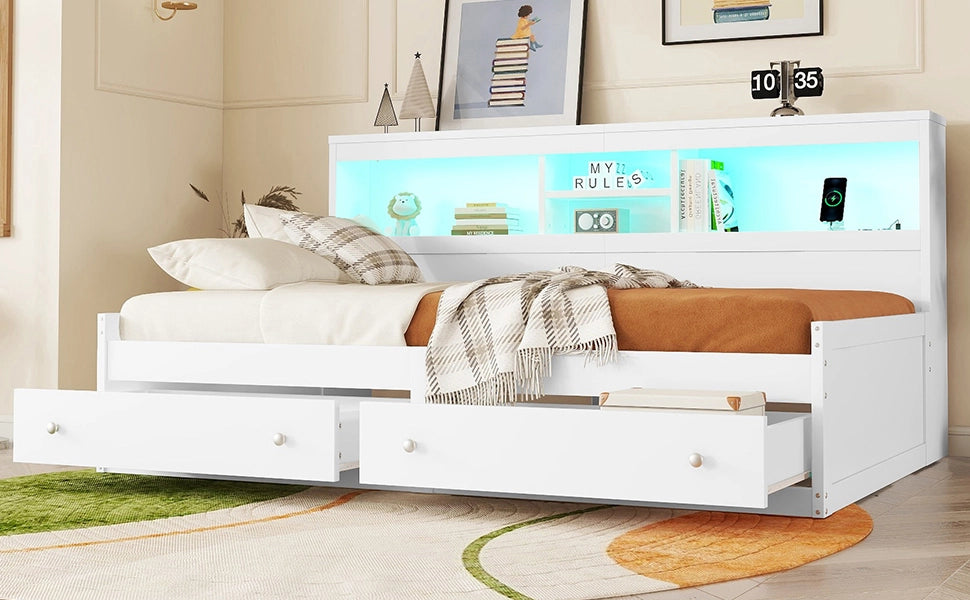 DESMIU Divano letto 90 × 200 cm 1 posto con 2 cassetti, USB, presa di ricarica e LED, senza materasso, bianco