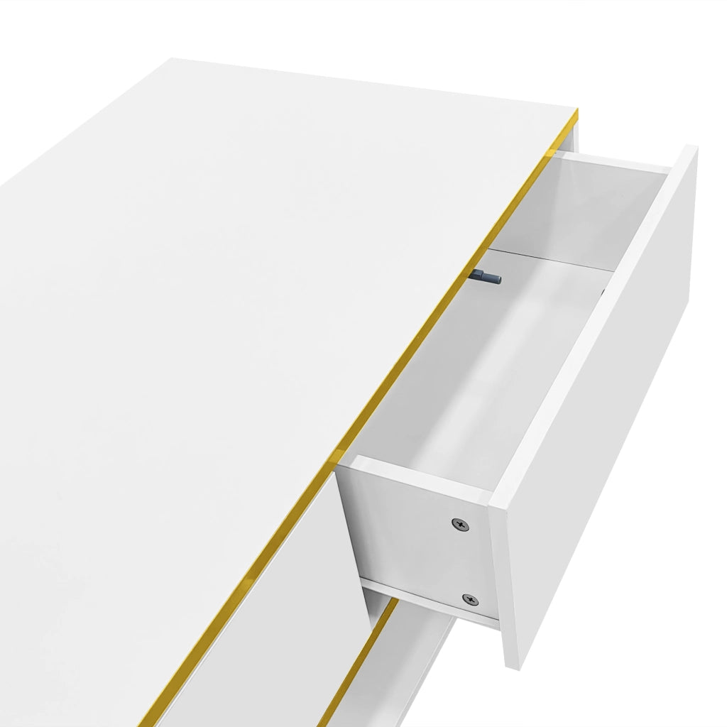 Tavolino da Caffè con 3 Cassetti e Vano Aperto e LED; Bianco Lucido; Decoro Oro; 100×50×40 cm; in Pannello Truciolare