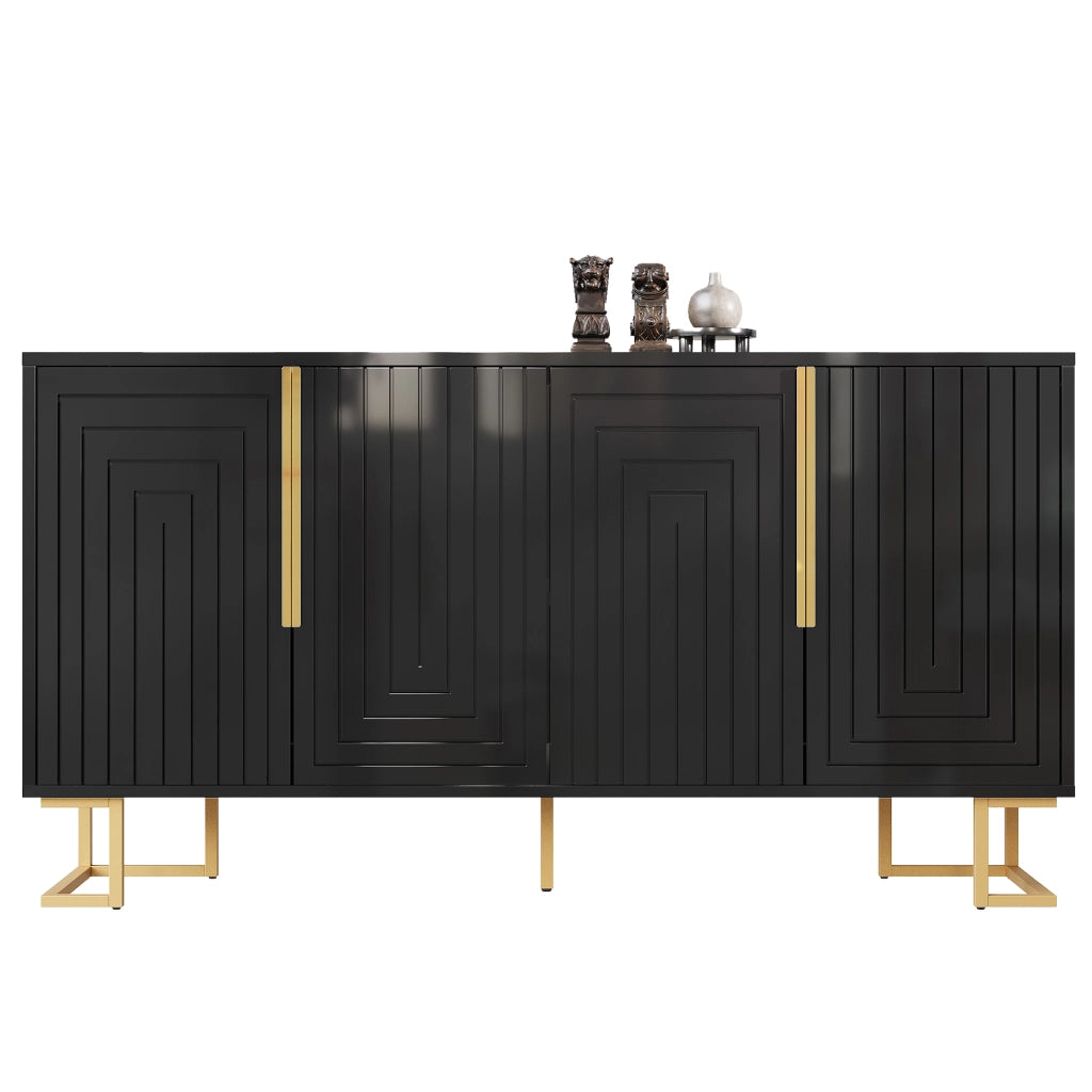 Credenza nera - Zephmum- 152x40x75 cm- Design geometrico- Maniglie e gambe dorate