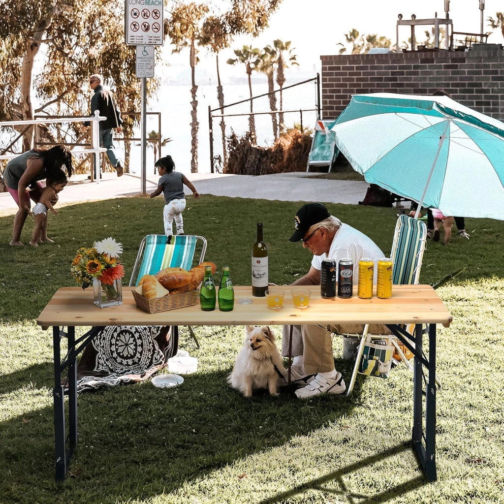 Tavolo da birra da esterno, regolabile in altezza da 75 cm a 105 cm, tavolo da bar da giardino pieghevole, tavolo da picnic con foro per ombrellone, 168,5 x 50 cm (lunghezza x larghezza)