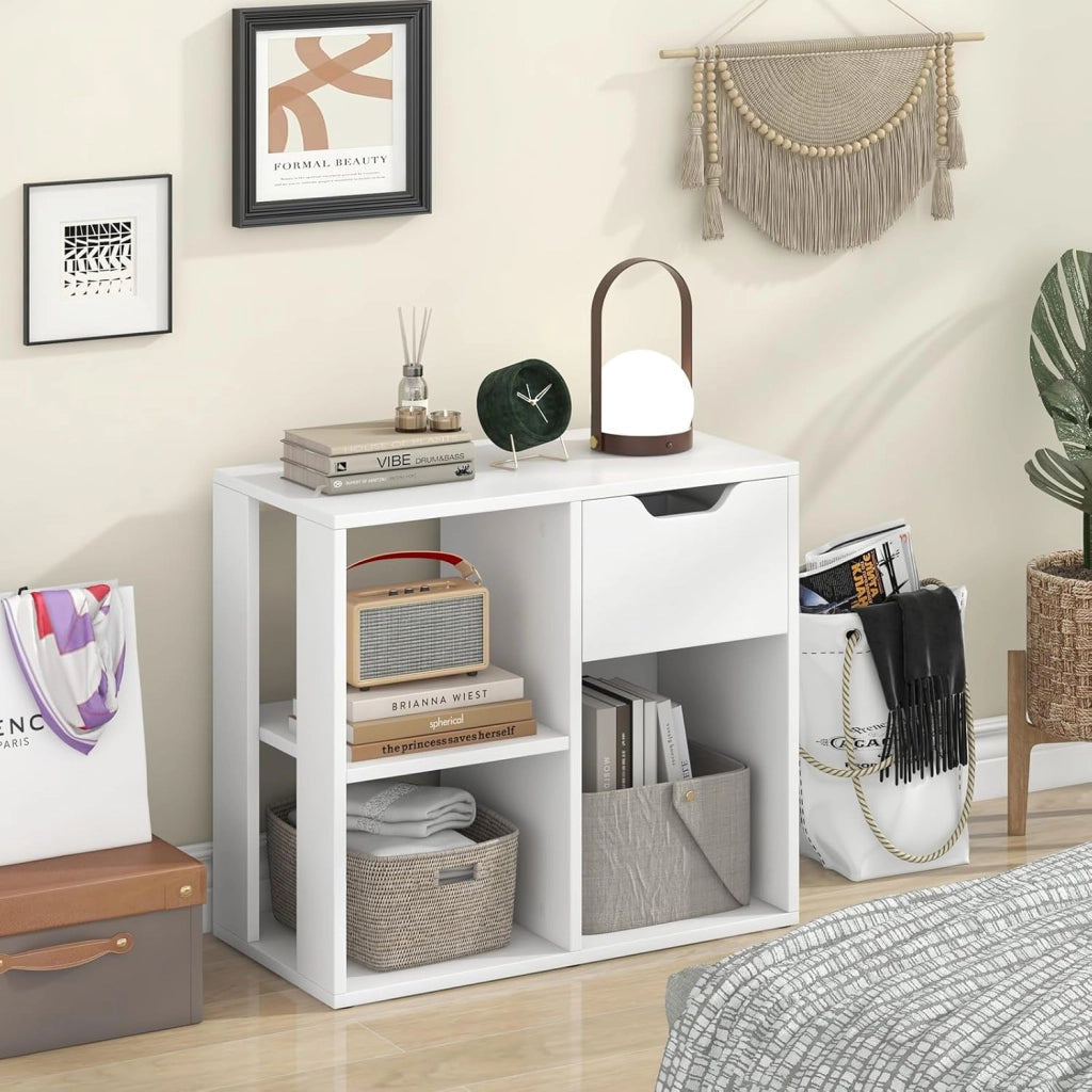 Scaffale portaoggetti con 3 cubi, 60 x 30 x 53 cm, libreria in legno indipendente, 2 livelli con 1 cassetto, mensola da esposizione per soggiorno, studio, ufficio (Bianco)