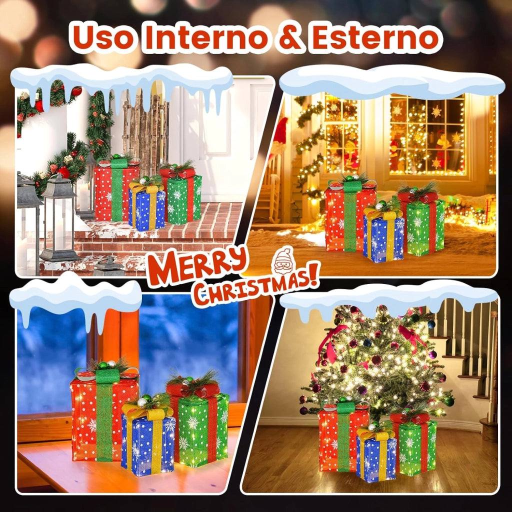 Decorazioni Scatola Regalo di Natale, Set di Scatole Regalo Illuminate, Decorazione Natalizia per Interni ed Esterni con 52 Luci LED per Esterno (Rosso+Verde+Blu)