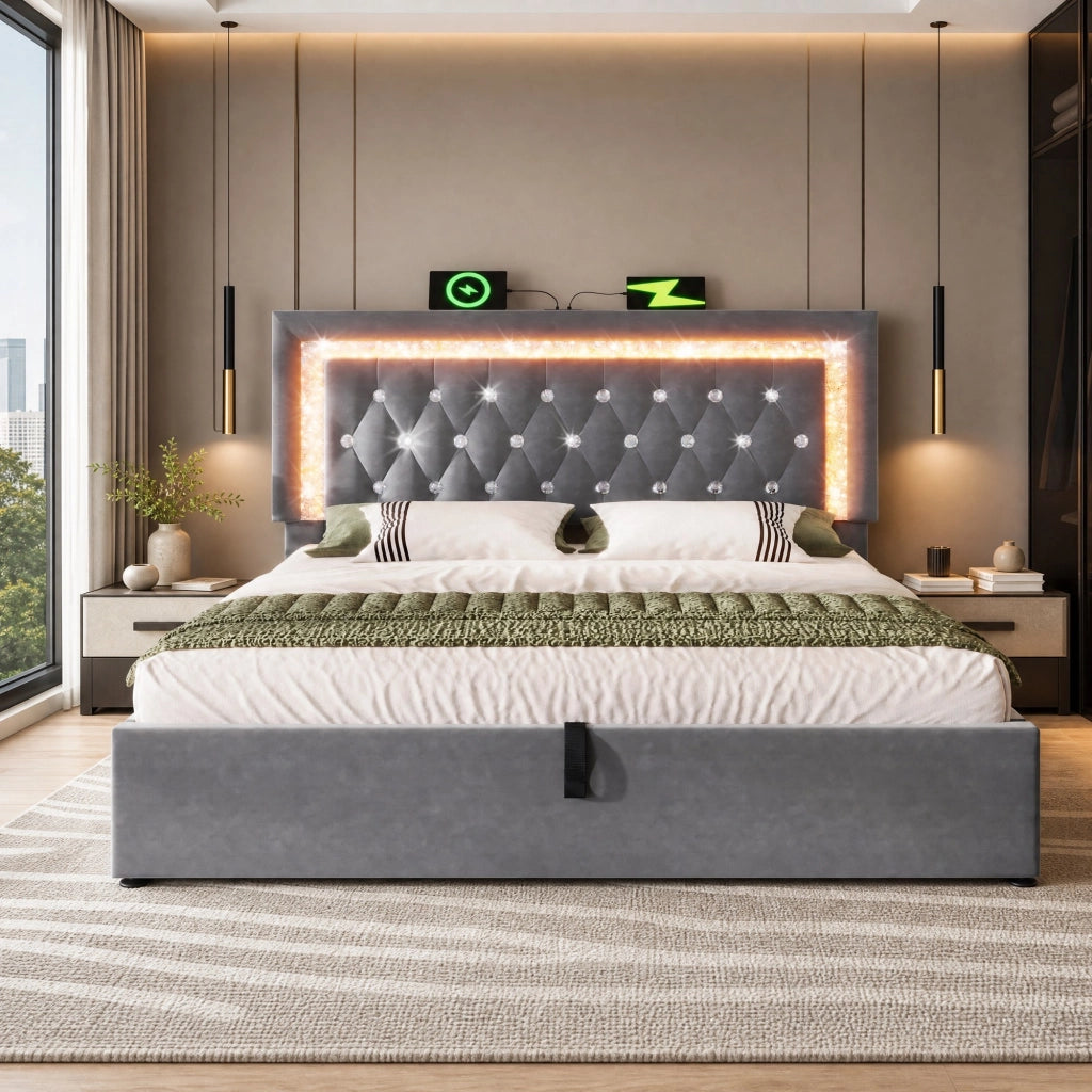 Letto matrimoniale 180x200 cm in velluto grigio con LED, porta USB e USB-C, contenitore idraulico