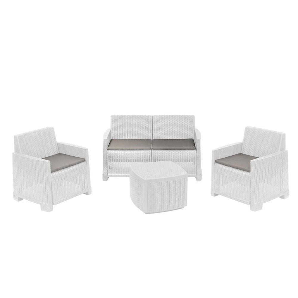 Trade Shop - Set Salotto Como Effetto Rattan Intrecciato Con Divano Poltrone Tavolino Contenitore - Bianco