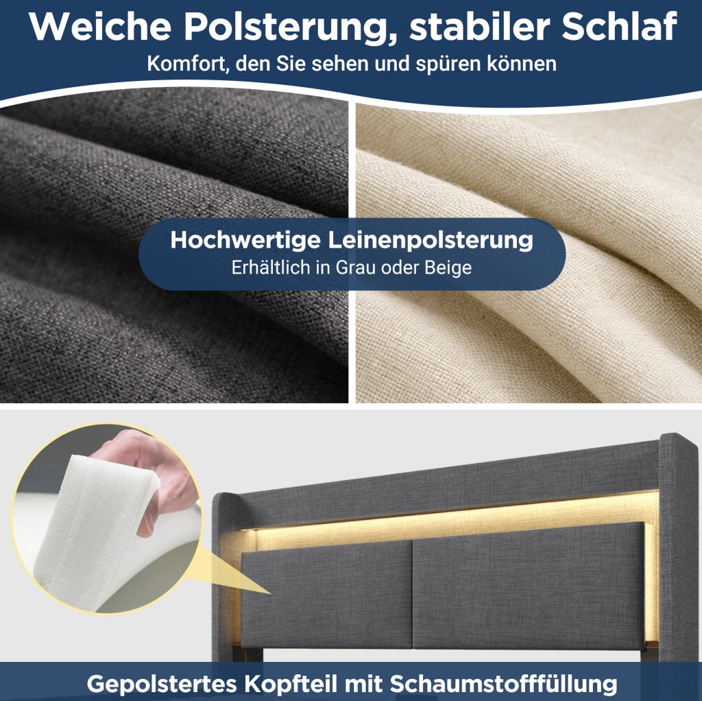 Letto imbottito 160 x 200 cm con materasso, vano idraulico, LED e ricarica USB