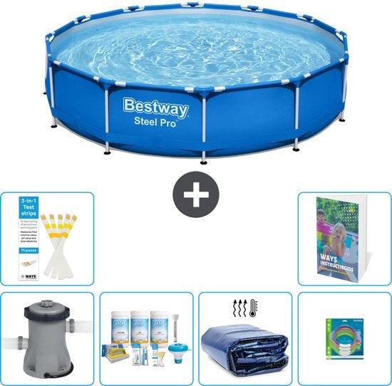 Piscina Rond Acciaio Pro - 305 x 76 cm - Blu - Incluso Kit Manutenzione - Tenda Solare - Giocattoli - 7 pezzi