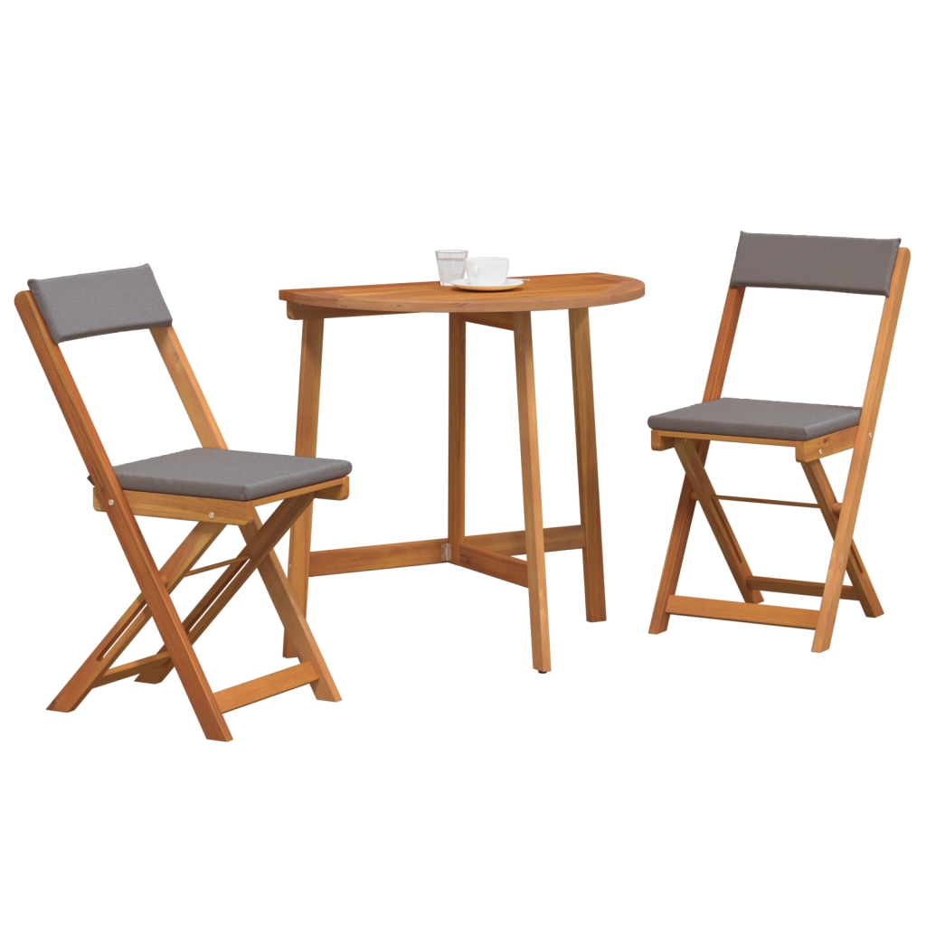 Set Bistro Pieghevole da 3 Pz con Cuscini in Legno Solido di Acacia