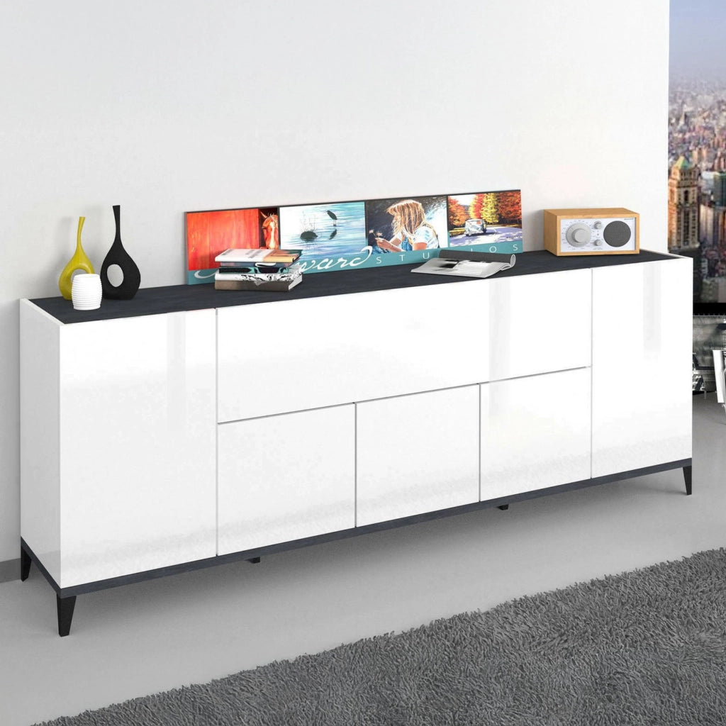 Credenza moderna a 6 Amour, Made in Italy, Madia da cucina rialzata, Buffet di design da soggiorno, Cm 200x40h82, Bianco lucido e Ardesia