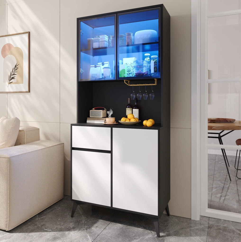Mobile alto 80x40x180 cm con LED regolabile via app, vetro, MDF bianco e nero