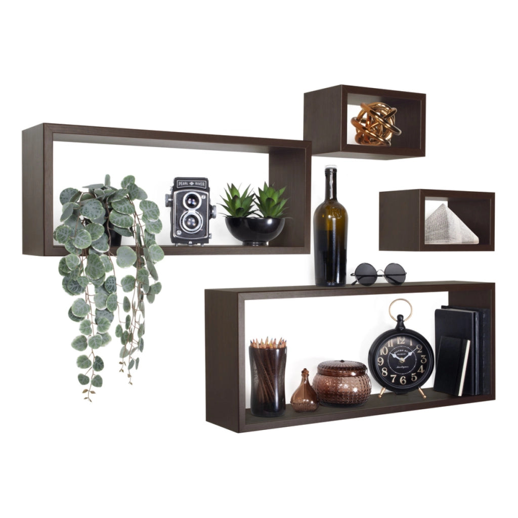 Set 4 Mensole da Muro Modello MERLINO, Pensile Bagno, Mensola Parete, Scaffale Parete. Misure 75x30 p15.5 cm, 60x25 p15.5 cm e 2 da 25x15 p15.5 cm. Finitura  WENGE' - MADE IN ITALY