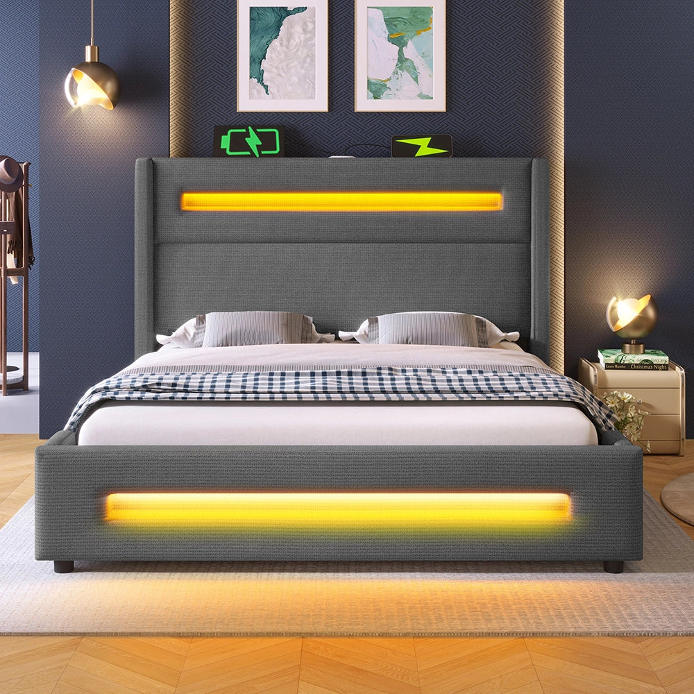 Letto matrimoniale-Xylo-160x200 cm-LED, USB-C, idraulico, con materasso, lino, grigio
