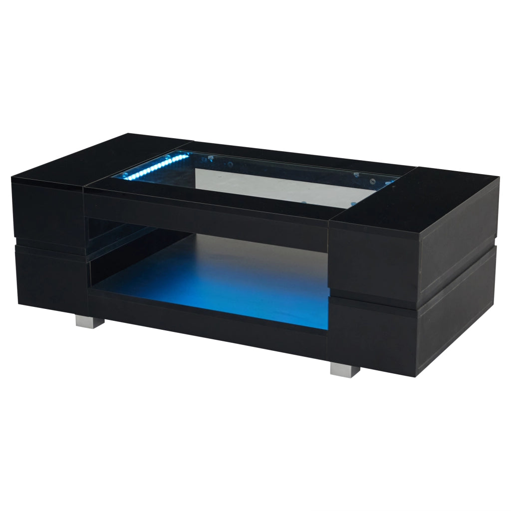 Tavolino da caffè con LED e vano aperto - per soggiorno - in truciolato e vetro temperato - 100×50×35 cm - nero