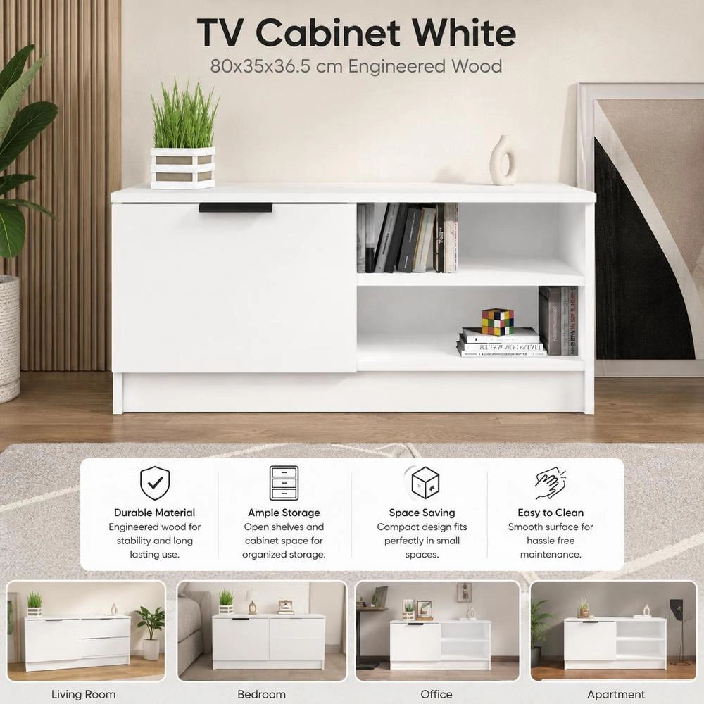 TV Cabinet, White, 80x35x36.5 Cm, Wood-based Material