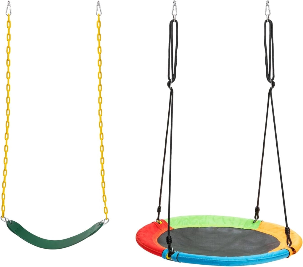 Set Altalena da Giardino per Bambini, Struttura di Metallo ad A con 1 Sedile in EVA Morbido e 1 Altalena Nido, Capacità 300 kg, Ideale per Giardino Parco Giochi (Rosso+Blu, Altalena+Supporto)