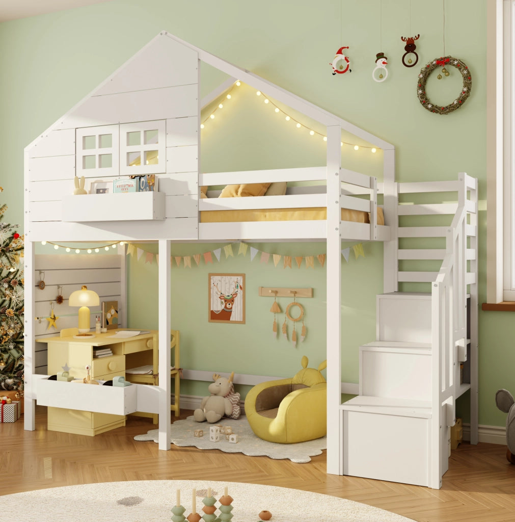 Letto a castello per bambini 90x200 cm con scala contenitore; finestra e struttura in pino bianco