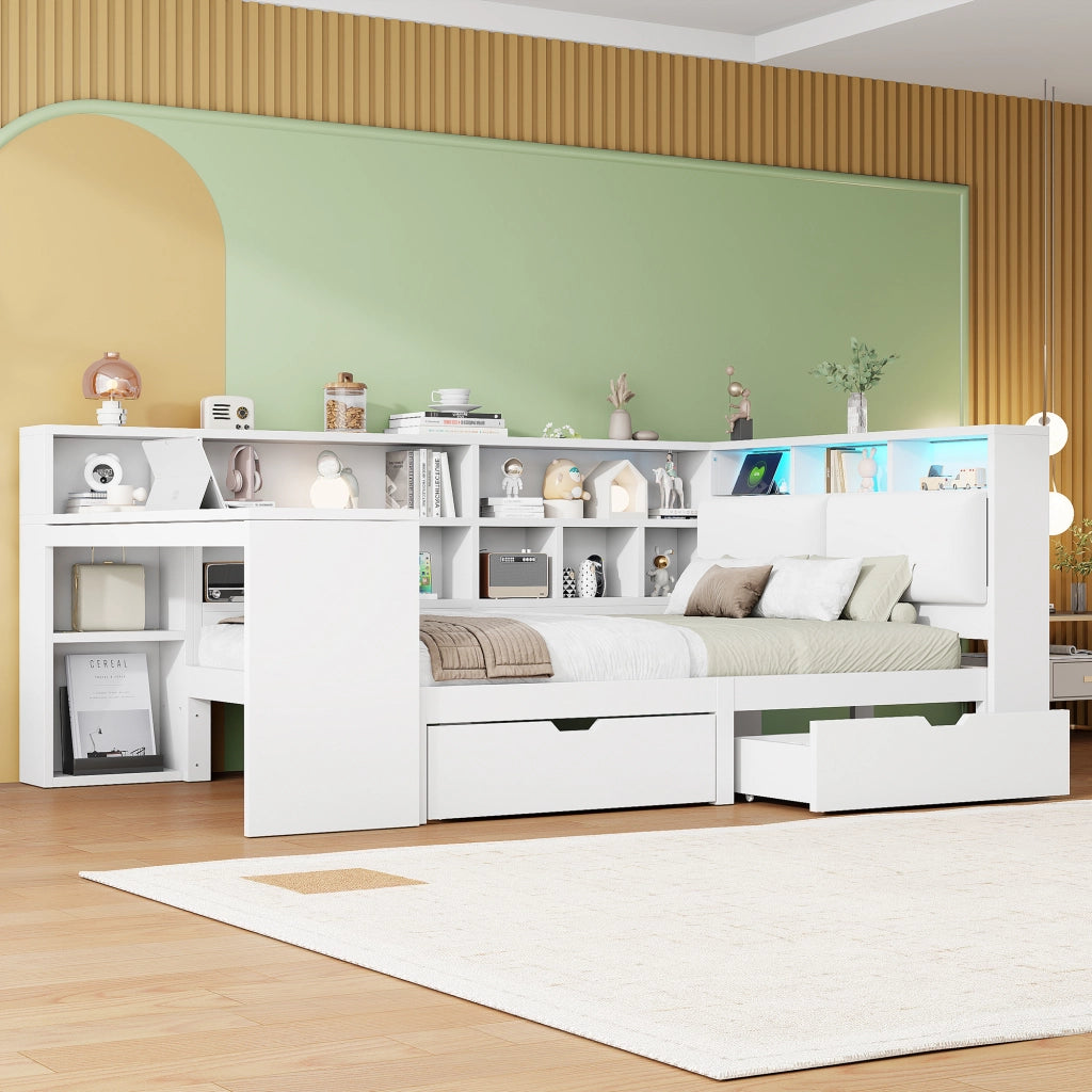 LETTO L con scrivania 140x200 cm Bianco con LED e libreria