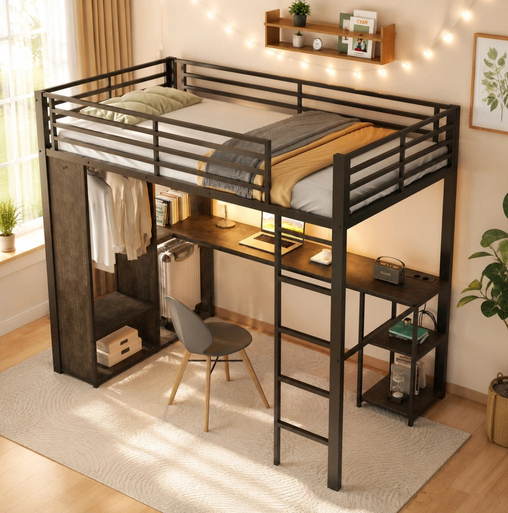 Letto a soppalco 90x200 cm in metallo e MDF nero con scrivania; LED e scaffali