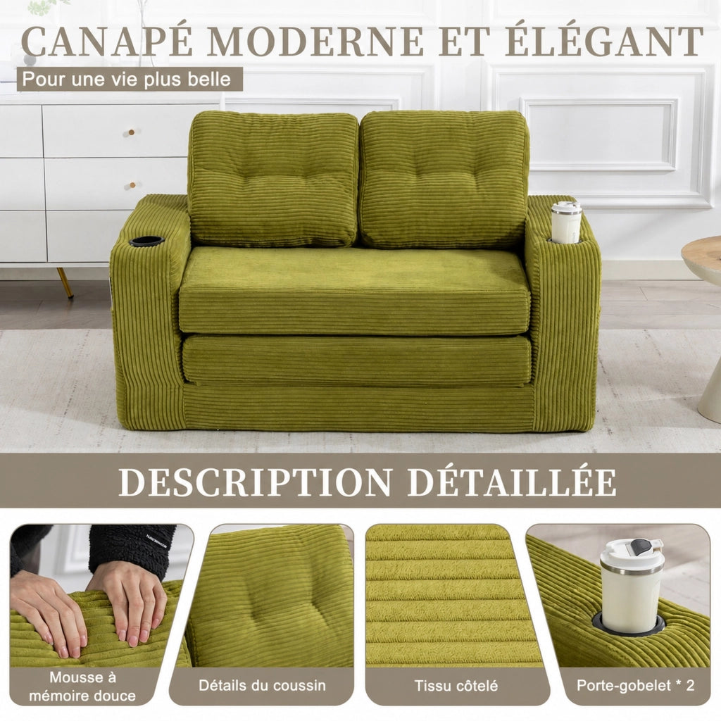 Divano modulare a 2 posti in velluto a coste con portabicchieri e tasche laterali verde oliva 136 × 80 × 82,5 cm