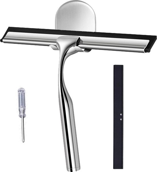 Douchewisser in acciaio inox con 1 gancio metallico e 2 lamelle in gomma per pulire le porte doccia, superfici bagnate, finestre e vetri di auto