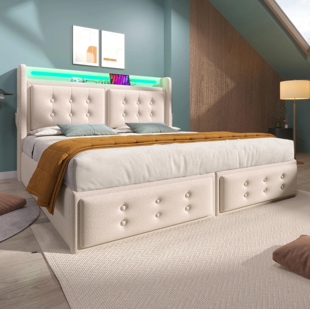 Letto imbottito 140x200 cm beige con materasso, LED e USB-C