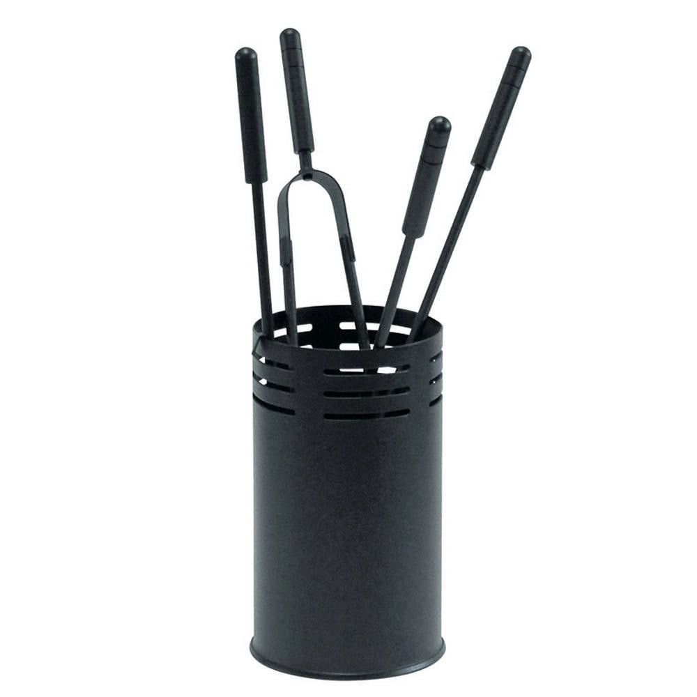 Porta attrezzi camino acciaio nero con 4 accessori h.62 diametro 16 cm.  Made in Italy