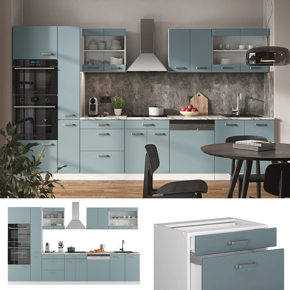 Vicco Cucina componibile Blu-grigio/bianco 350 cm con armadio alto, PL Marmo