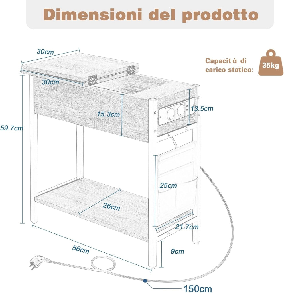 Tavolino da Salotto con Area di Ricarico, Tavolino da Divano Laterale, Comodino con Piano Ribaltabile, Scatola in Tessuto, 2 Prese e 2 Porta USB, Rovere Vintage