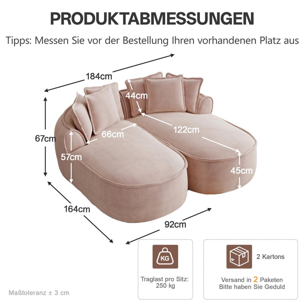 Divano modulare doppio in tessuto chenille rosa con chaise longue extra profonda e cuscini inclusi