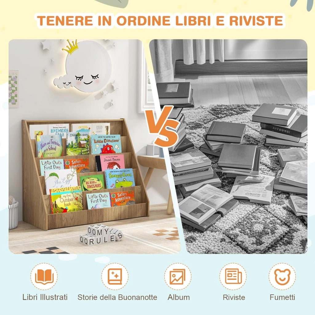 Libreria Montessoriana per Bambini a 5 Livelli, Scaffali Espositivi con Spazio Nascosto sul Retro e Antiribaltamento, per Cameretta, Soggiorno e Asilo Nido, 91 x 38 x 76,5 cm (Naturale)