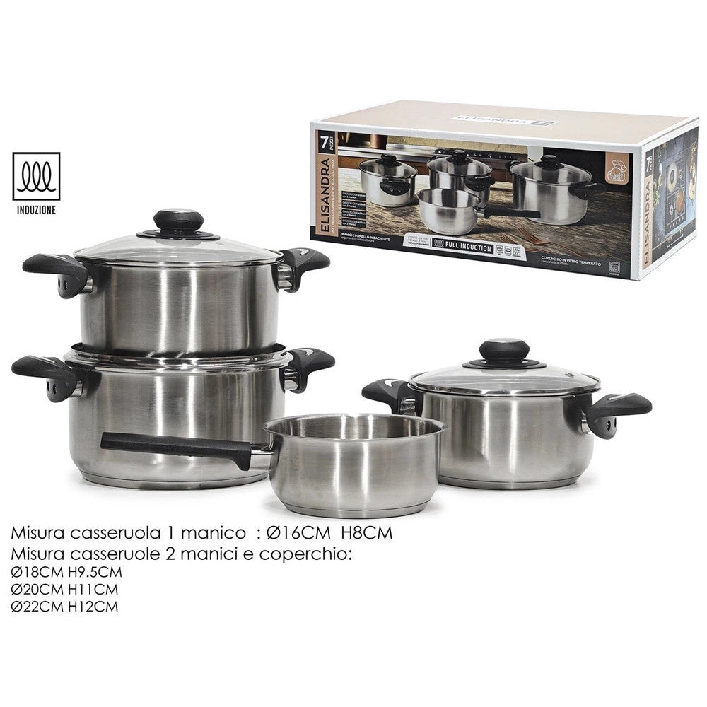 Trade Shop - Set Batteria Di Pentole 7 Pz In Acciaio Inox Con Fondo Full Induction Coperchi In Vetro -