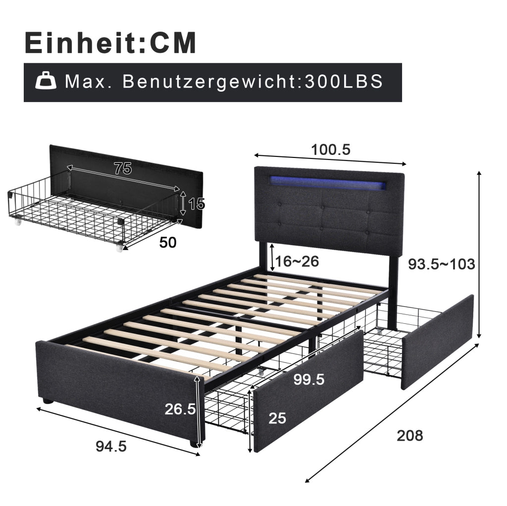 Letto singolo 90x200 cm con LED e 2 cassetti; testiera regolabile; tessuto in lino grigio